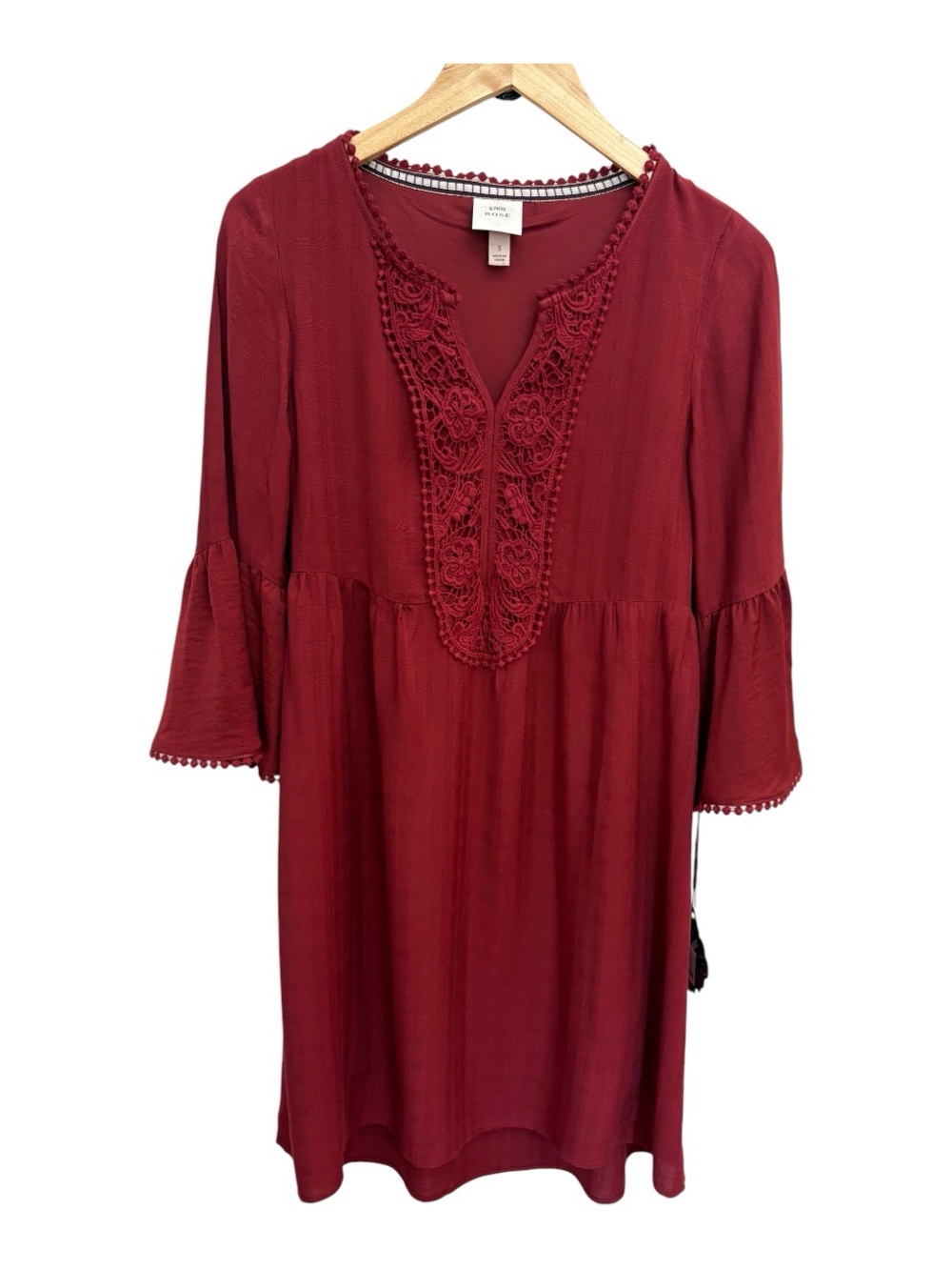 Knox Rose Burgundy Boho Lace Bell Sleeve High Low Dress S - Picture 2 of 10